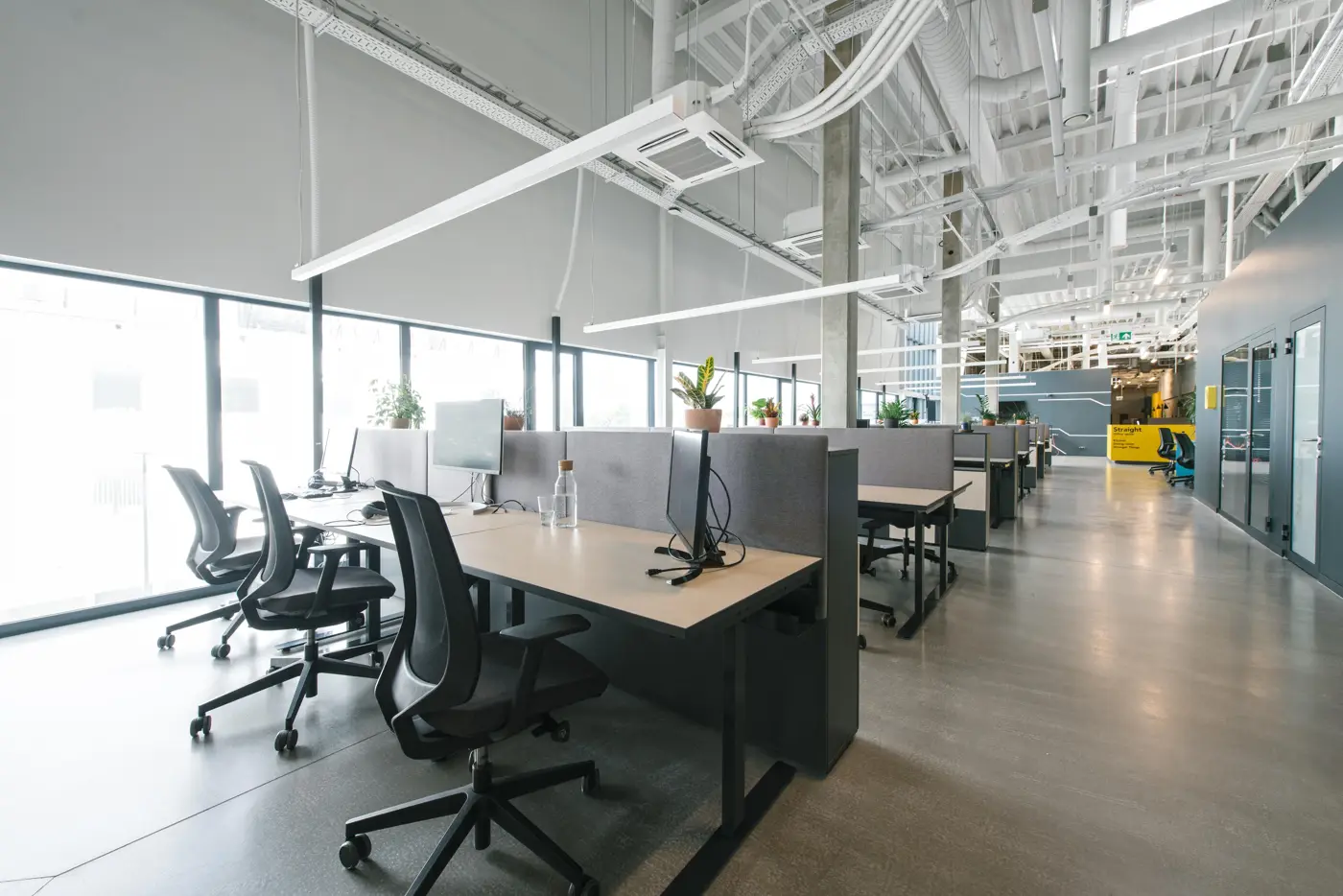 Bright open office with desks and plants